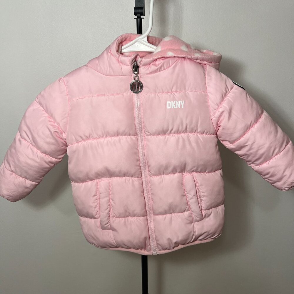 DKNY Baby Girls Reversible Pink Puffer Jacket w/ Hood Heart Print | 24 Months
